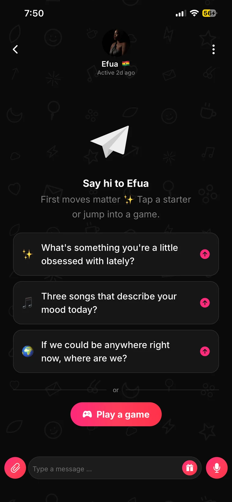 The Luvmood app — sending a first message with starter prompts
