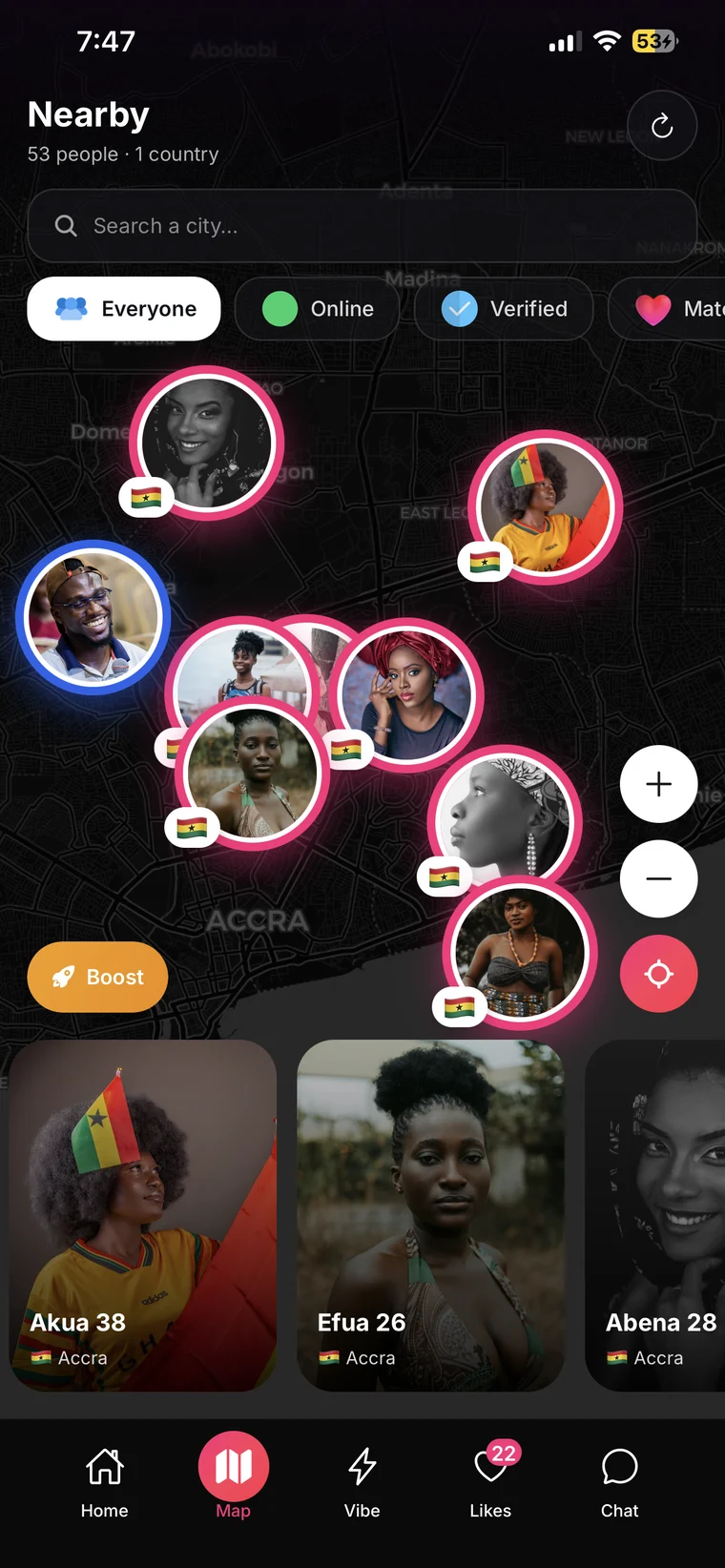 The Luvmood nearby map — verified people around you
