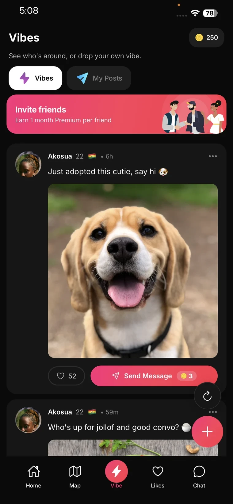 The Luvmood Vibes feed — nearby people sharing what they're up for